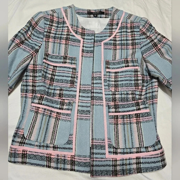 View Cropped Tweed Blazer/Dress Jacket, Light Blue/Pink Plaid, Lined, Sz 6, EUC! - Picture 5 of 14